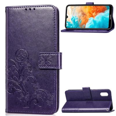 Lucky Clover ingedrukt bloemen patroon lederen case voor Huawei Y6 Pro 2019 met houder & kaartsleuven & portemonnee & hand strap (paars)