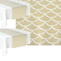 Decoratie stof/tafelloper - 2x - goud?- katoen/polyester?- 200 x 40 cm?- schubben Decoratie stof/tafelloper - 2x - goud?- katoen/polyester?- 200 x 40 cm?- schubben