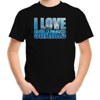 Tekst t-shirt I love sharks met dieren foto van een haai zwart voor kinderen - thumbnail