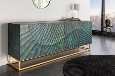 Massief dressoir SCORPION 180cm turquoise mangohout goud metaal 3D houtsnijwerk - 45644