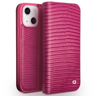 Qialino - lederen luxe bookcase hoes - iPhone 13 - Croco Roze