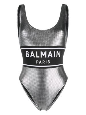 Balmain maillot de bain à logo imprimé - Argent