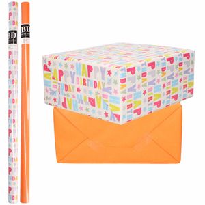 6x Rollen kraft inpakpapier happy birthday pakket - oranje 200 x 70 cm