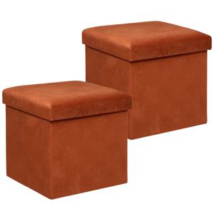 Poef/krukje/hocker Amber - 2x - Opvouwbare zit opslag box - fluweel Terracotta - D38 x H38 cm