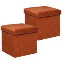 Poef/krukje/hocker Amber - 2x - Opvouwbare zit opslag box - fluweel Terracotta - D38 x H38 cm - thumbnail