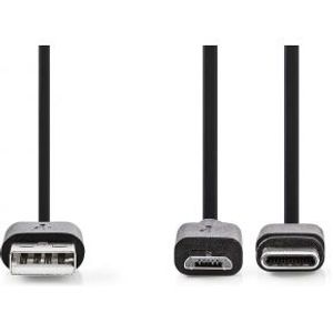 2-in-1 sync- en oplaadkabel | USB-A Male - USB micro-B / Type-C Male | 1,0 m | Zwart