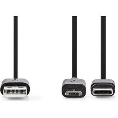 2-in-1 sync- en oplaadkabel | USB-A Male - USB micro-B / Type-C Male | 1,0 m | Zwart