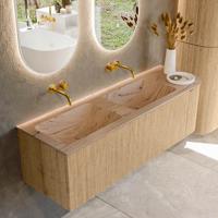 Badmeubel Mondiaz Kurve-Dlux | 145 cm | Meubelkleur Oak | Wastafelkleur Arena | Solid surface | Dubbel / Links spoelbak | Zonder kraangat(en)