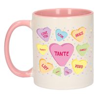 Cadeau koffiemok voor tante - hartjes snoepjes - roze - verjaardag kado - mok met tekst