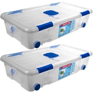 Opbergbox met deksel en wieltjes - 2x - 30L - kunststof - transparant - 73 x 41 x 17 cm