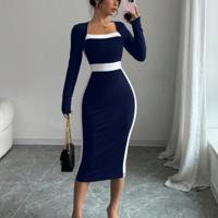 Bon&Bon Navy Blue Colorblock Bodycon Maxi Dress | Square Neck Long Sleeve Navy Blue / M