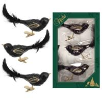 Krebs Decoratie vogels - 6x - zwart - 11 cm - op clip - glas - kerstboomversiering