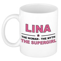 Naam cadeau mok/ beker Lina The woman, The myth the supergirl 300 ml - Naam mokken