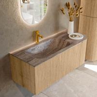 Badmeubel Mondiaz Kurve-Dlux | 115 cm | Meubelkleur Oak | Wastafelkleur Oza | Solid surface | Wasbak linker zijde spoelbak | 1 kraangat