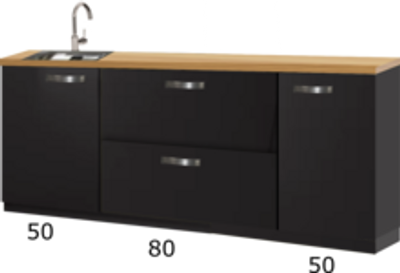 Kitchenette zwart 180cm met spoelbak en eiken werkblad RAI-4435