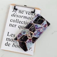 Voor Huawei P30 Pro plating kleurrijke geometrische patroon mozaïek marmer TPU mobiele telefoon geval Rhinestone stand ring (zwart PR6)