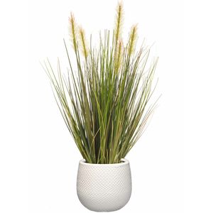 Kunstplant groen rietgras sprieten 45 cm in luxe Gabriel ribbel bloempot wit