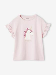 Meisjes-T-shirt met iriserend motief en korte mouwen met ruches lichtroze