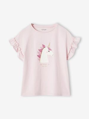 Meisjes-T-shirt met iriserend motief en korte mouwen met ruches lichtroze