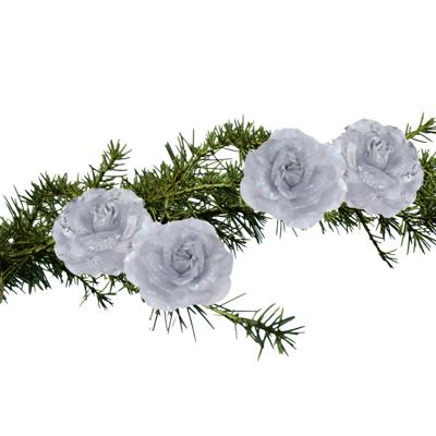 Kerstboomversiering Bloemen - 2x stuks - 9 cm - zilver glitter - op clip - ornament