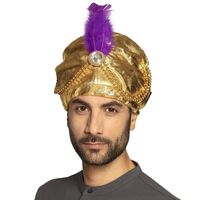 Gouden Sultan hoed met veer verkleedkleding verkleedaccessoire - thumbnail