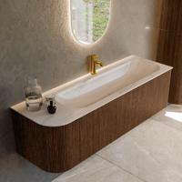 Badmeubel Mondiaz Kurve-Dlux | 145 cm | Meubelkleur Walnut | Wastafelkleur Meli | Solid surface | Wasbak rechter zijde spoelbak | 1 kraangat