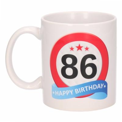 86 jaar Verjaardag koffiemok - cadeau beker - stopbord print - 300 ml - keramiek - wit