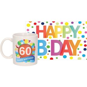 Verjaardag cadeau mok/beker 60 jaar print 300 ml + A5-size wenskaart Happy Birthday