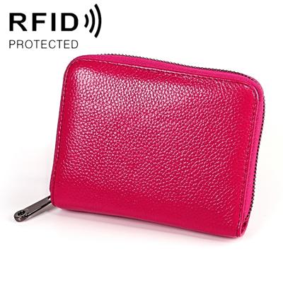 KB195 Zipper Cowhide Leather Double Row Organ Shape Multiple Card Slots Anti-magnetic RFID Wallet Clutch Bag for Ladies(Rose Red)