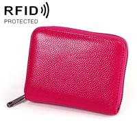 KB195 Zipper Cowhide Leather Double Row Organ Shape Multiple Card Slots Anti-magnetic RFID Wallet Clutch Bag for Ladies(Rose Red)