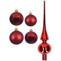 Glazen kerstballen pakket kerstrood glans/mat 38x stuks 4 en 6 cm met piek glans - thumbnail