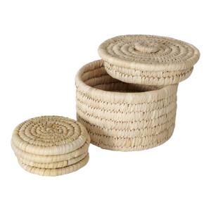 Deco by Boltze glazen onderzetters - 5x - zeegras - naturel - 11 x 11 cm - rond - in opberghouder