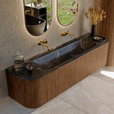 Mondiaz KURVE-DLUX 170 cm Onderkast Greeploos 1 Lade Met Deuren Walnut, Wastafel Solid Surface Midden Lava 0 Kraangaten Zonder Spiegel (KRVBGL170L+R1L2D0KM-Wal/Lav)