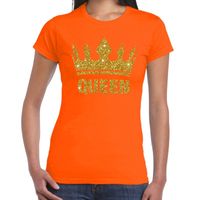 Oranje Koningsdag Queen shirt met gouden glitters en kroon dames - thumbnail