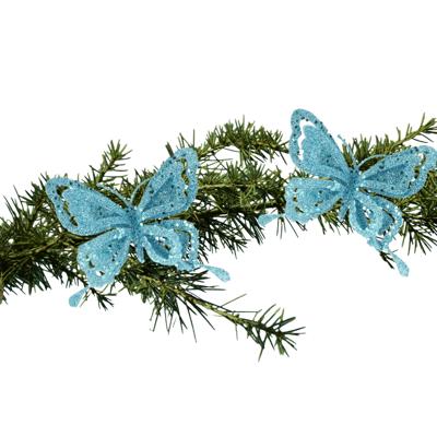Kerstboomversiering Vlinder - 2x - 14 cm - blauw glitter - op clip - ornament