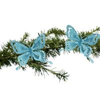Kerstboomversiering Vlinder - 2x - 14 cm - blauw glitter - op clip - ornament