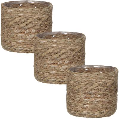 Plantenmand - 3x stuks - rotan - naturel met bruin - 14 x14 cm - Met plastic binnenkant