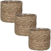 Plantenmand - 3x stuks - rotan - naturel met bruin - 14 x14 cm - Met plastic binnenkant