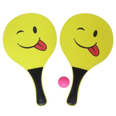 Beachball set smile - hout - geel - strand tennis speelset - kinderen/volwassenen