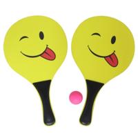Beachball set smile - hout - geel - strand tennis speelset - kinderen/volwassenen