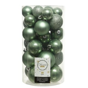30x Kunststof kerstballen glanzend/mat/glitter salie groen kerstboom versiering/decoratie   -