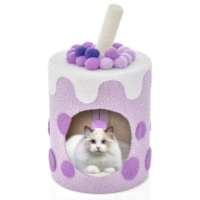 Huismand voor Katten - Verwijderbaar Kussen 360° Draaibare Krabpaal Schattige Kopvorm Hangende Pompon - Paars