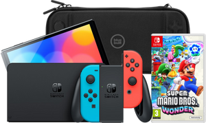 Nintendo Switch OLED Rood/Blauw + Super Mario Bros. Wonder + BlueBuilt Beschermhoes