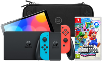 Nintendo Switch OLED Rood/Blauw + Super Mario Bros. Wonder + BlueBuilt Beschermhoes