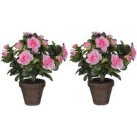 2x groene Azalea kunstplanten met roze bloemen 27 cm met pot stan grey - Kunstplanten