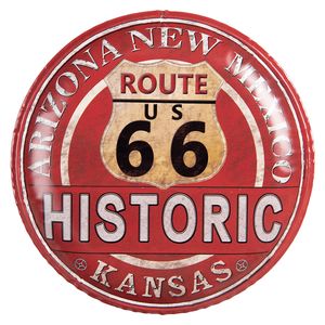 Clayre & Eef Tekstbord Ø 35 cm Rood Ijzer Route 66 Wandbord Rood Wandbord