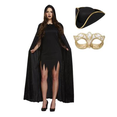 Carnaval gemaskerd bal verkleedset - Oogmasker goud - Mantel zwart - driesteek hoed - volwassenen