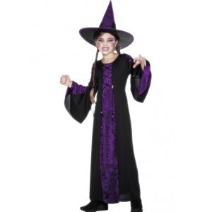 Smiffys Heksen kinder jurk - zwart/paars - Halloween kostuum - verkleedkleding carnaval - fluweel