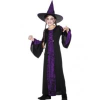 Smiffys Heksen kinder jurk - zwart/paars - Halloween kostuum - verkleedkleding carnaval - fluweel