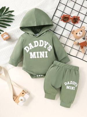 2pcs Set, Casual, Cute, Baby Boy Clothes, Infant Bodysuit, Baby Autumn/Winter Outfit, Soft & Comfortable, Letter Print Hoodie Top And Solid Letter Print Pants Set, Suitable For Daily, Vacation, Party, Outdoor Army Green / 6-9M